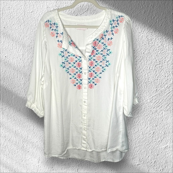 Molly & Isadora Size 1X Button Down Blouse Embroidered Blouse Top Boho Bohemian - Picture 1 of 12